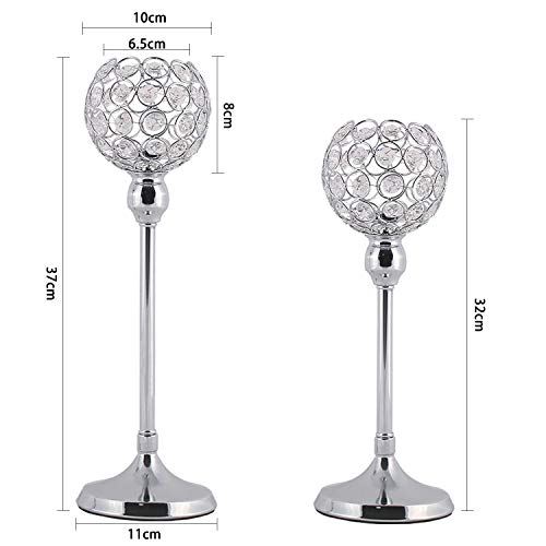 GoMaihe Candelabro de Cristal Conjunto de 2, 32 / 37cm Candelabro Bar Vela Candelabro Decorativo de Metal Alto para Velas Cilíndricas, Candelabro Vintage Decoración Boda Cumpleaños de Navidad, Plata