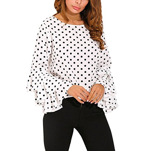 Goodsatar Moda De Las Mujeres Manga de Campana Camisa Suelta del Lunar Señoras Casual Blusa Tops (2XL, Blanco)