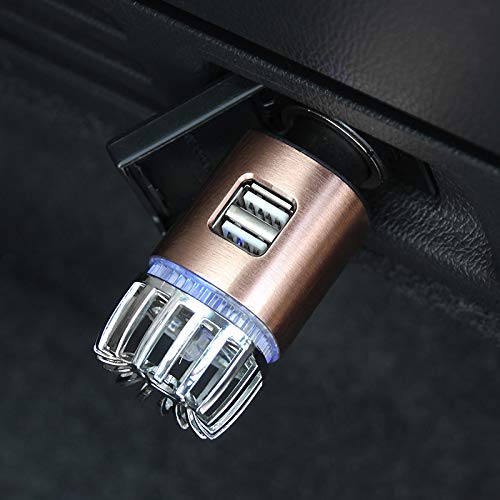Goozy 3 en 1 Purificador de Aire de Coche con Alta Tecnología Ionizante x2 Puertos USB, Elimina Mal Olor, Polvo y Humo con Luz Indicadora 12V Color Bronce