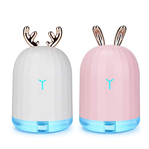 GQNLY Humidificador Animal Lindo, Mini humidificador de Niebla de 220ML USB con luz de la Noche de 7 Colores led para el Coche casero Yoga bebé,Pinkrabbit