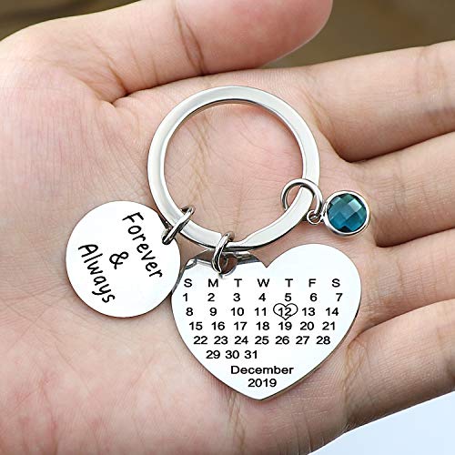 Grabado Personalizado Personalizado Calendario Fecha y Mensaje Llavero con Piedra de Nacimiento de Acero Inoxidable Llavero y Llavero Aniversario Regalo conmemorativo (Plata-2)