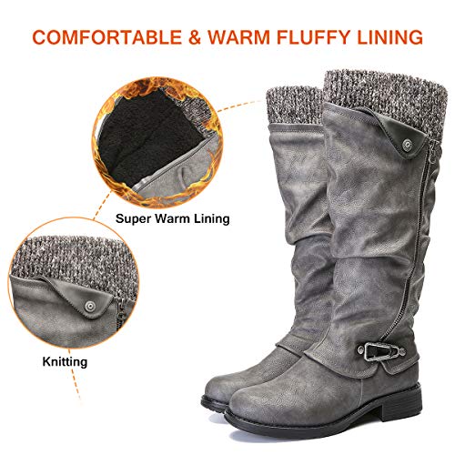 gracosy Botas de Mujer Otoño Invierno 2020 Tacon Bajo Zapatos Largas Botas Forrado de Piel Antideslizante Cómodo Cremallera Hebilla,Negro Marrón Gris