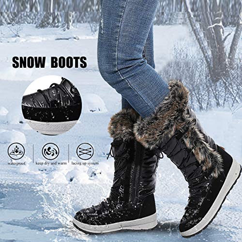 gracosy Botas Nieve Mujer de Piel Invierno Antideslizante Plataforma Zapatos Calentar Cremallera Botines Cordones Casuales Media Lluvia Botas Negro