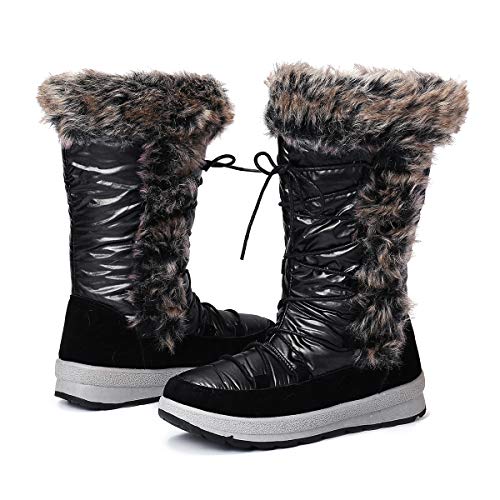 gracosy Botas Nieve Mujer de Piel Invierno Antideslizante Plataforma Zapatos Calentar Cremallera Botines Cordones Casuales Media Lluvia Botas Negro