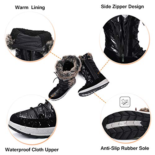 gracosy Botas Nieve Mujer de Piel Invierno Antideslizante Plataforma Zapatos Calentar Cremallera Botines Cordones Casuales Media Lluvia Botas Negro
