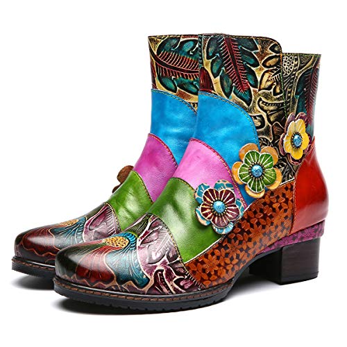 gracosy Botines de Cuero para Mujeres,Otoño e Invierno 2019 Bloque de Pata Flor Original Hecho a Mano Estilo Bohemio Nacional Rico en Color Cómodo Suela Blanda Cremallera