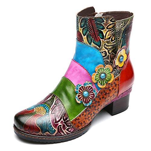 gracosy Botines de Cuero para Mujeres,Otoño e Invierno 2019 Bloque de Pata Flor Original Hecho a Mano Estilo Bohemio Nacional Rico en Color Cómodo Suela Blanda Cremallera