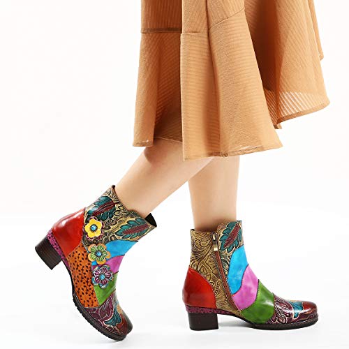 gracosy Botines de Cuero para Mujeres,Otoño e Invierno 2019 Bloque de Pata Flor Original Hecho a Mano Estilo Bohemio Nacional Rico en Color Cómodo Suela Blanda Cremallera