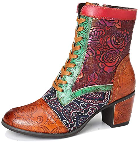 gracosy Botines Mujer Chelsea Botas Cuero Bajo Bloque Tacón Invierno Antideslizante Botas Retro Bohemio Empalme PatrónEstilo Cremallera Rojo