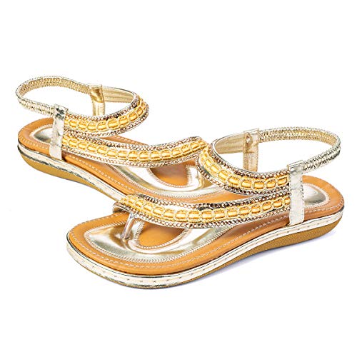 gracosy Sandalias Planas Verano Mujer Estilo Bohemia Zapatos para Mujer de Dedo Sandalias Talla Grande Cinta Elástica Casuales de Playa Chanclas Romanas de Mujer 2020 Rhinestone de Moda