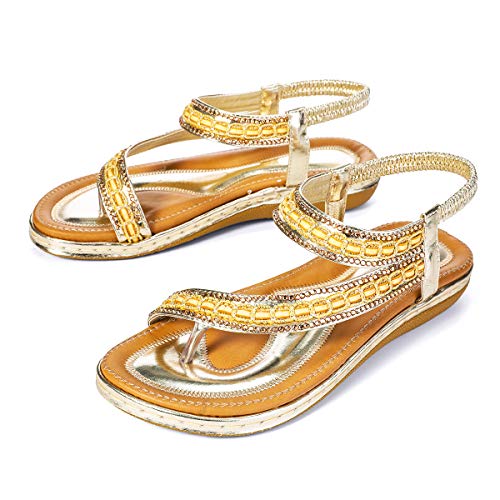 gracosy Sandalias Planas Verano Mujer Estilo Bohemia Zapatos para Mujer de Dedo Sandalias Talla Grande Cinta Elástica Casuales de Playa Chanclas Romanas de Mujer 2020 Rhinestone de Moda