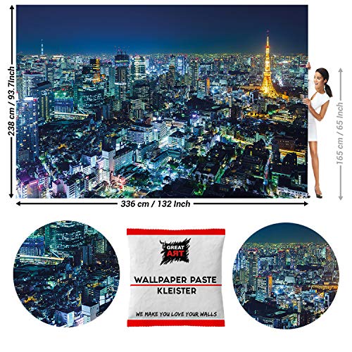 GREAT ART Foto Mural de Tokyo Skyline por la Noche 336 x 238 cm - Papel Pintado 8 Piezas incluye Pasta para pegar