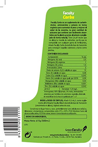 GreenFaculty Nutriente Abono Fertilizante. Faculty Carbs: Carbohidratos Engorda Cogollos. Líquido. Cero Residuos, Apto para Cultivo Medicinal (500 ml)