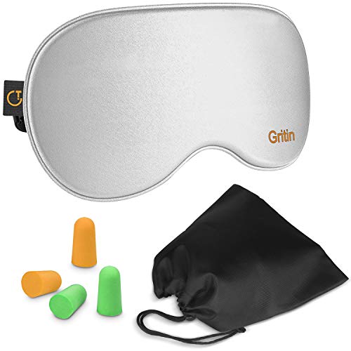 Gritin Antifaz para Dormir, 100% Anti-Luz Opaco Cómoda Agradable para la Piel Tela de Seda Natural Puro y Puros de Algodón Relleno Antifaces Máscara(Gris)