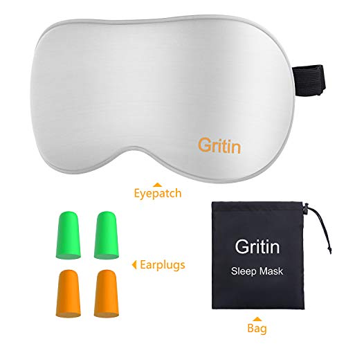 Gritin Antifaz para Dormir, 100% Anti-Luz Opaco Cómoda Agradable para la Piel Tela de Seda Natural Puro y Puros de Algodón Relleno Antifaces Máscara(Gris)