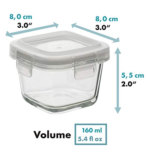 GRIZZLY Recipientes de vidrio para almacenamiento de alimentos para bebés - Mini platos a prueba de horno con tapas - Cuadrado de 6 x 160 ml - Hermético al aire y a los líquidos