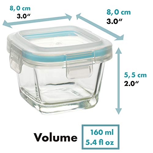 GRIZZLY Recipientes de vidrio para almacenamiento de alimentos para bebés - Mini platos a prueba de horno con tapas - Cuadrado de 6 x 160 ml - Hermético al aire y a los líquidos