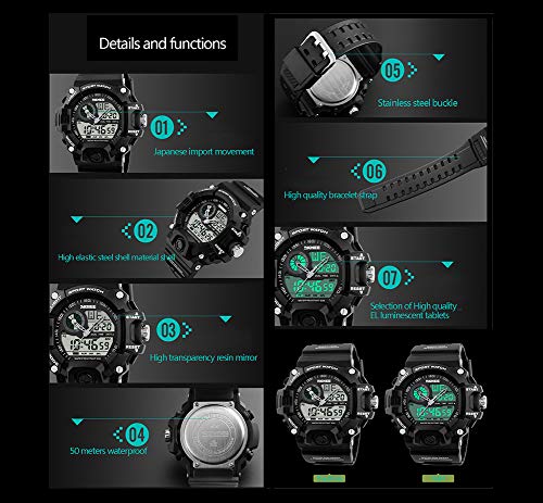 GSCCC Cara Grande al Aire Libre del Reloj del Deporte LED de Doble Pantalla electrónica de los Hombres del Reloj Multifuncional por Masculino, Impermeable WatchGMT Hora Dual Red Camouflage