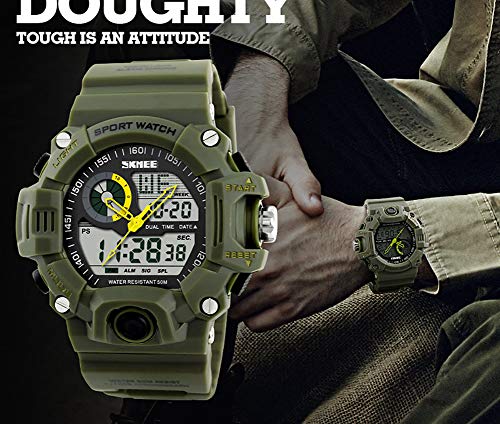 GSCCC Cara Grande al Aire Libre del Reloj del Deporte LED de Doble Pantalla electrónica de los Hombres del Reloj Multifuncional por Masculino, Impermeable WatchGMT Hora Dual Red Camouflage