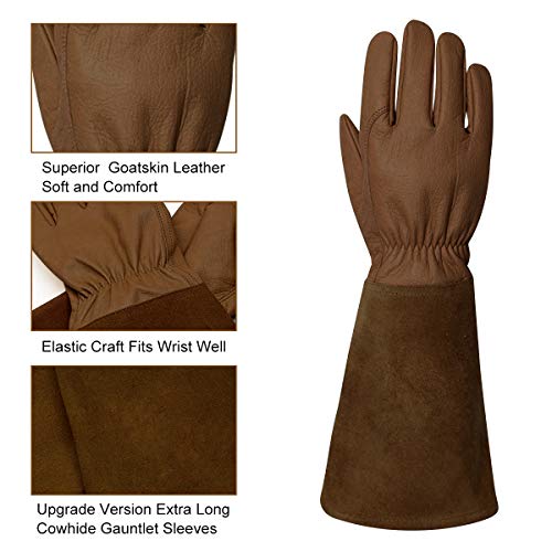 Guantes de poda CCBETTER con mangas extralargas de piel de vaca para hombres y mujeres, de piel de cabra transpirable a prueba de espinas, guantes de jardinería para jardineros y agricultores
