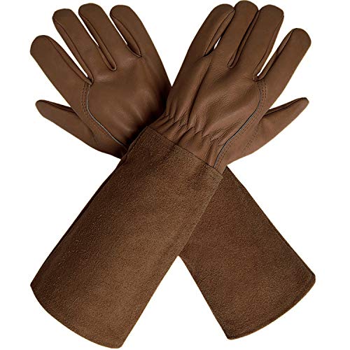 Guantes de poda CCBETTER con mangas extralargas de piel de vaca para hombres y mujeres, de piel de cabra transpirable a prueba de espinas, guantes de jardinería para jardineros y agricultores