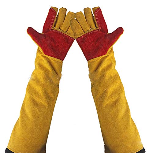 Guantes de soldadura de cuero de 60 cm de manga extralarga, guantes de trabajo a prueba de corte, espesar extremos resistentes al calor guantes de trabajo proteger, guantes de chimenea/jardinería