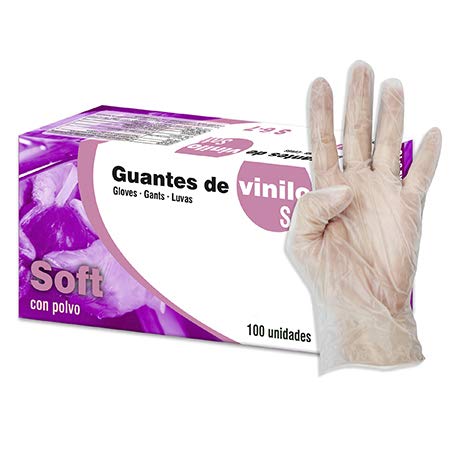 Guantes de Vinilo Soft transparente con polvo. Talla M 7-8 caja 100U. Indicado para uso sanitario