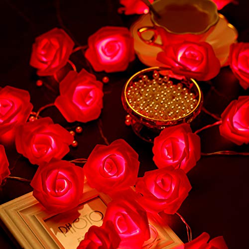 Guirnalda de Luces de Rosas de Día de San Valentín 6,5 Pies 20 LEDs en Flor Funcionados con Batería con 8 Modos, Control Remoto y Temporizador para Boda Cumpleaños (Rosa Roja)