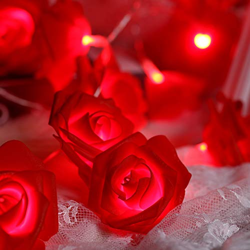 Guirnalda de Luces de Rosas de Día de San Valentín 6,5 Pies 20 LEDs en Flor Funcionados con Batería con 8 Modos, Control Remoto y Temporizador para Boda Cumpleaños (Rosa Roja)