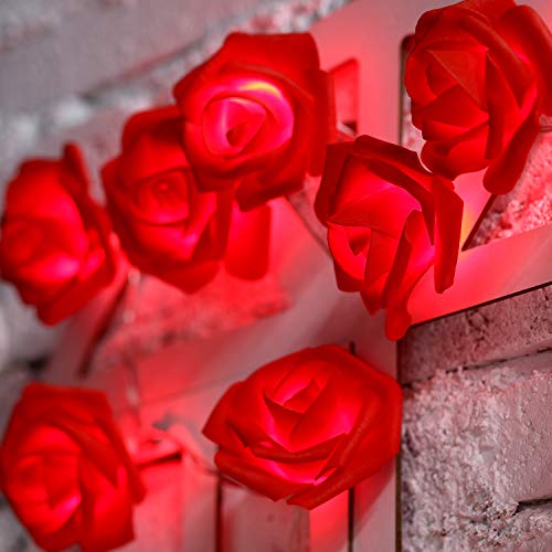 Guirnalda de Luces de Rosas de Día de San Valentín 6,5 Pies 20 LEDs en Flor Funcionados con Batería con 8 Modos, Control Remoto y Temporizador para Boda Cumpleaños (Rosa Roja)