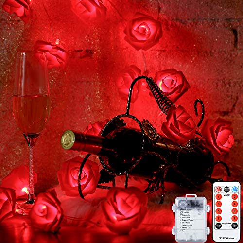 Guirnalda de Luces de Rosas de Día de San Valentín 6,5 Pies 20 LEDs en Flor Funcionados con Batería con 8 Modos, Control Remoto y Temporizador para Boda Cumpleaños (Rosa Roja)
