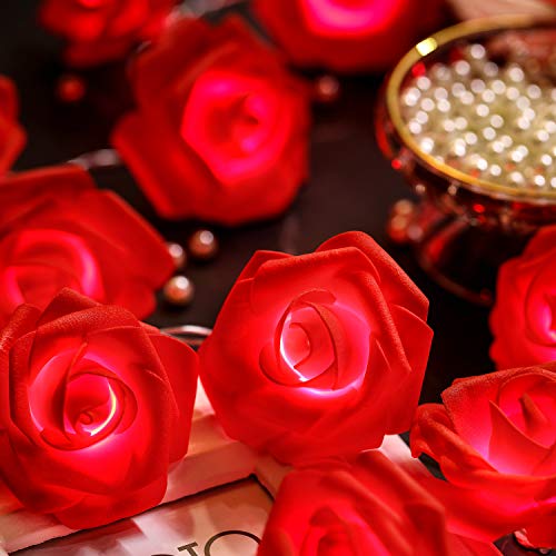 Guirnalda de Luces de Rosas de Día de San Valentín 6,5 Pies 20 LEDs en Flor Funcionados con Batería con 8 Modos, Control Remoto y Temporizador para Boda Cumpleaños (Rosa Roja)