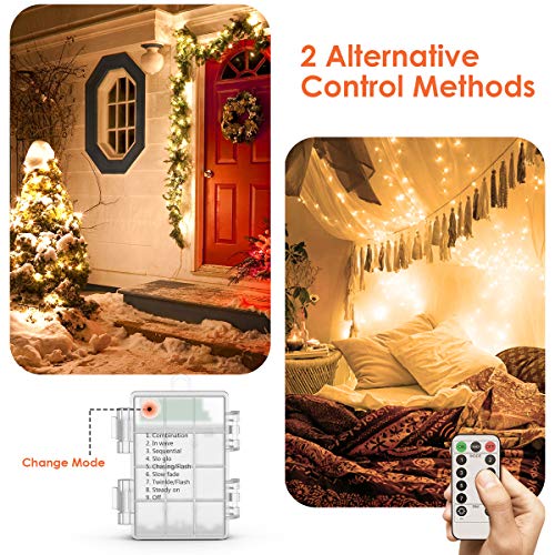 Guirnalda luces pilas【2 * 10M】, OxaOxe 200 LED, Impermeable Cadena de luces con Batería, Mando a distancia con 8 modos, Decoración para Navidad Interior y Exterior, Boda, Fiesta, Balcón