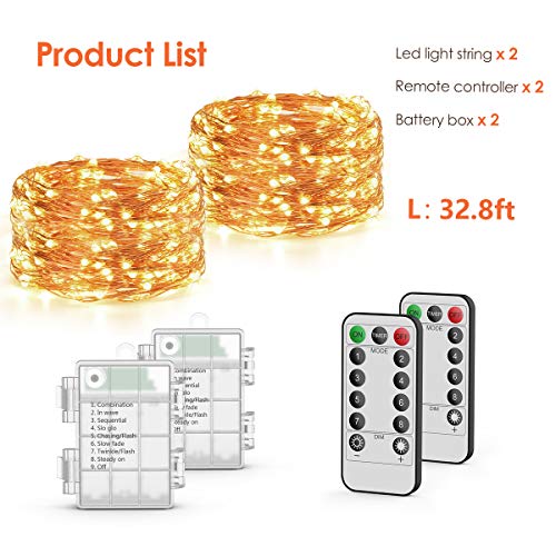 Guirnalda luces pilas【2 * 10M】, OxaOxe 200 LED, Impermeable Cadena de luces con Batería, Mando a distancia con 8 modos, Decoración para Navidad Interior y Exterior, Boda, Fiesta, Balcón