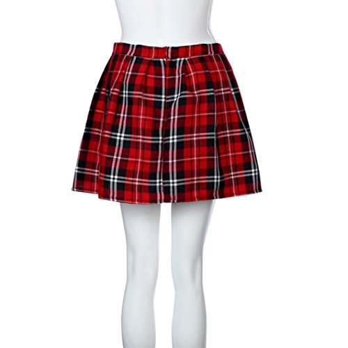 Gusspower Falda a Rayas, Mini Falda Mujer Plisada Escocesa Elegante Alta Cinturilla Elástica de Encaje Doble de la Colegiala (Rojo, M)