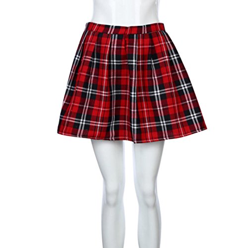 Gusspower Falda a Rayas, Mini Falda Mujer Plisada Escocesa Elegante Alta Cinturilla Elástica de Encaje Doble de la Colegiala (Rojo, M)