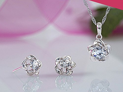 GWG Jewellery Juego de Joyas Mujer Regalo Conjunto Collar y Pendientes, Bañado en Oro Blanco 18K Flor con AAA Circonita Brillante Claro de Diseño Retro a Fiesta para Mujeres