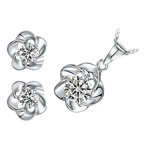 GWG Jewellery Juego de Joyas Mujer Regalo Conjunto Collar y Pendientes, Bañado en Oro Blanco 18K Flor con AAA Circonita Brillante Claro de Diseño Retro a Fiesta para Mujeres