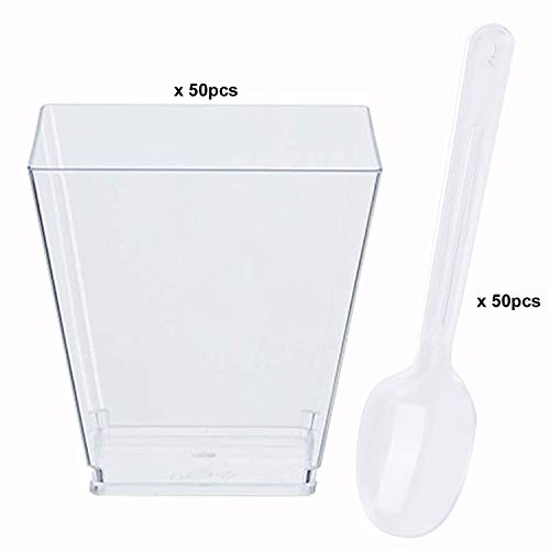 Gxhong 50 Piezas Tazas de Postre, Tazas de Postre de plástico de 2 oz / 60 ml con 50 cucharas de Sopa, Taza de Postre de plástico Reutilizable para Postre con Mousse de pudín