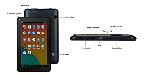 Haehne 7" Tablet PC - Google Android 6.0 Quad Core, 1G RAM 16GB ROM, Cámaras Duales 2.0MP + 0.3MP, 2800mAh, 1024 x 600 Pantalla, WiFi, Bluetooth, Negro