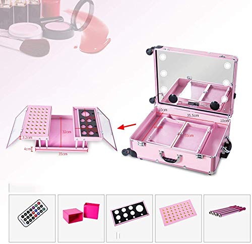 H.aetn Gran Capacidad de Maquillaje Profesional Ligero Estuche cosmético Trolley Estuche Kit de Maquillaje Soporte Luz led Gran Espejo Bluetooth