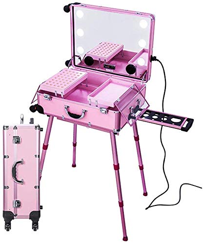 H.aetn Gran Capacidad de Maquillaje Profesional Ligero Estuche cosmético Trolley Estuche Kit de Maquillaje Soporte Luz led Gran Espejo Bluetooth