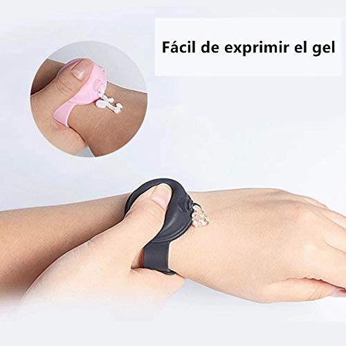 Haioo 2 Piezas de Pulseras Dispensadoras de Gel Desinfectante de Manos con Botella para Recargar + 1 Caja de Mascarilla Fabricado en España, Distintos Colores para Niños y Adultos (Color 2)