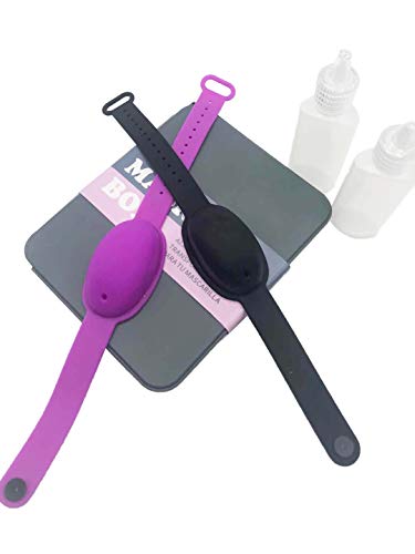 Haioo 2 Piezas de Pulseras Dispensadoras de Gel Desinfectante de Manos con Botella para Recargar + 1 Caja de Mascarilla Fabricado en España, Distintos Colores para Niños y Adultos (Color 2)