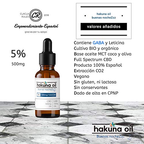 – Hakuna Oil – Aceite de Cañamo Premuim orgánico y ecológico BIO + GABA | 500mg | Proveniente de la Planta de Cañamo | 100% Natural | Ayuda a reducir el estrés, la ansiedad y el dolor. (5%)