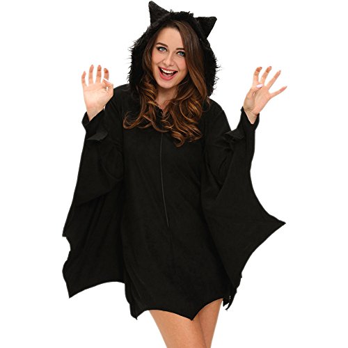 Halloween Black Bat Redondo Cuello Manga Larga con Cremallera En El Pecho Capucha One Piece Show Party Negro,S