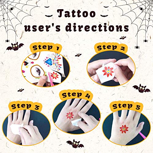 Halloween Tatuajes Temporales de Cara, Etiqueta Temporal,18 hojas Halloween Mascarada Día de los Muertos esqueleto cráneo cara completa tatuajes de maquillaje para Halloween Prop cosplay