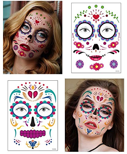 Halloween Tatuajes Temporales de Cara, Etiqueta Temporal,18 hojas Halloween Mascarada Día de los Muertos esqueleto cráneo cara completa tatuajes de maquillaje para Halloween Prop cosplay