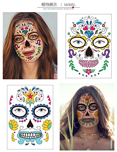 Halloween Tatuajes Temporales de Cara, Etiqueta Temporal,18 hojas Halloween Mascarada Día de los Muertos esqueleto cráneo cara completa tatuajes de maquillaje para Halloween Prop cosplay