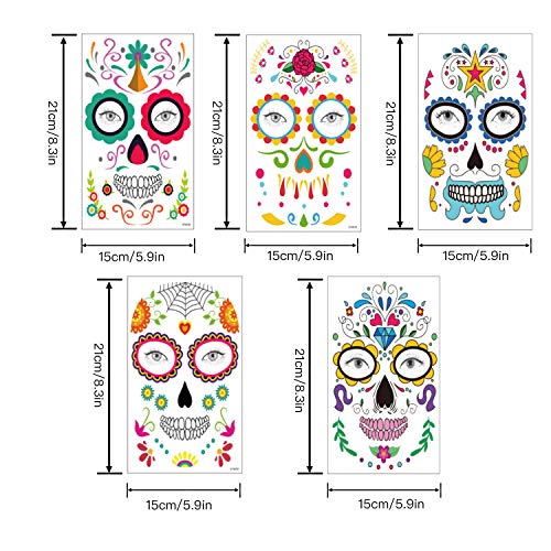 Halloween Tatuajes Temporales de Cara, Etiqueta Temporal,18 hojas Halloween Mascarada Día de los Muertos esqueleto cráneo cara completa tatuajes de maquillaje para Halloween Prop cosplay